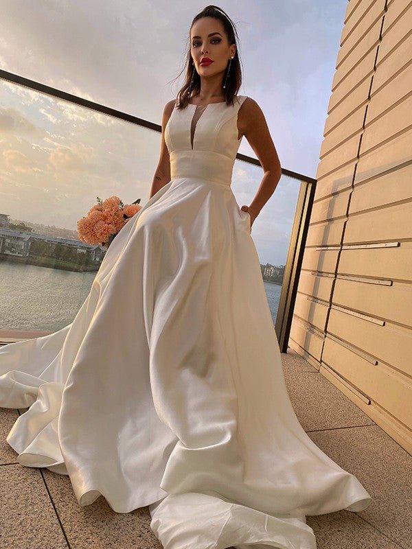 NumberSea - A - Line/Princess Satin Ruffles Scoop Sleeveless Sweep/Brush Train Wedding Dresses