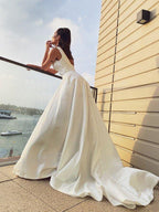 NumberSea - A - Line/Princess Satin Ruffles Scoop Sleeveless Sweep/Brush Train Wedding Dresses