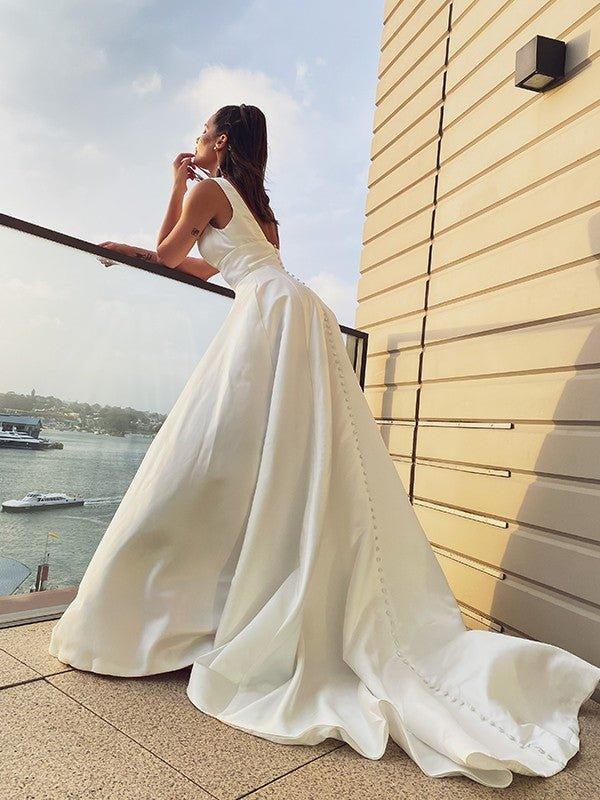NumberSea - A - Line/Princess Satin Ruffles Scoop Sleeveless Sweep/Brush Train Wedding Dresses