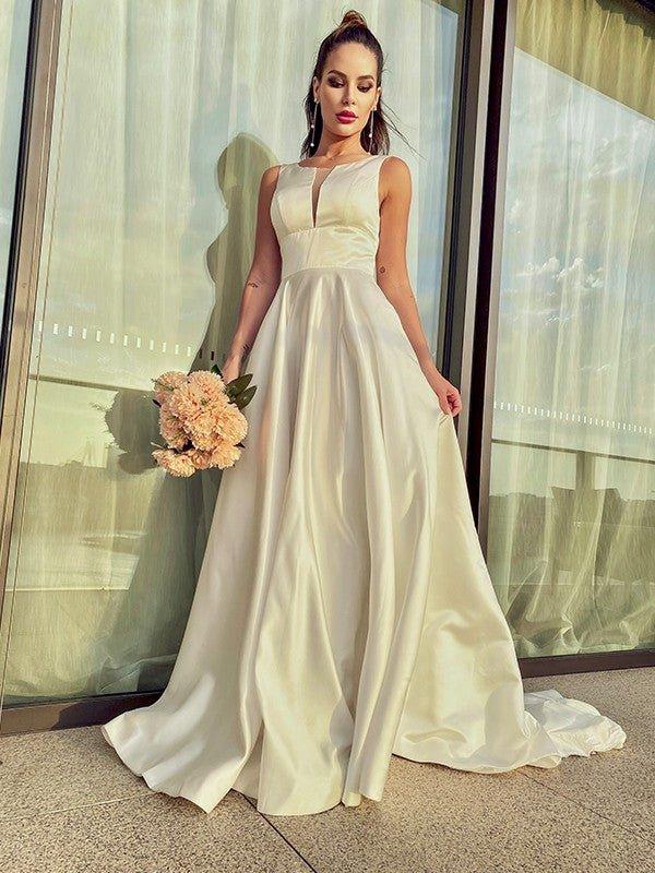 NumberSea - A - Line/Princess Satin Ruffles Scoop Sleeveless Sweep/Brush Train Wedding Dresses