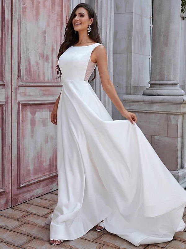 NumberSea - A - Line/Princess Satin Ruffles Scoop Sleeveless Sweep/Brush Train Wedding Dresses