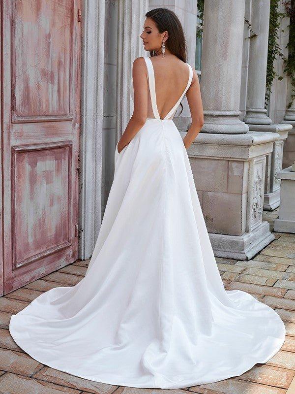 NumberSea - A - Line/Princess Satin Ruffles Scoop Sleeveless Sweep/Brush Train Wedding Dresses