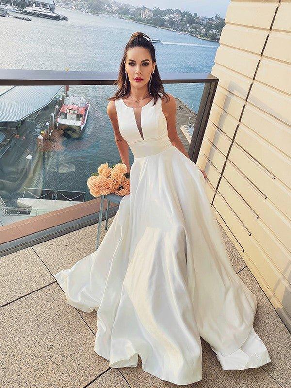 NumberSea - A - Line/Princess Satin Ruffles Scoop Sleeveless Sweep/Brush Train Wedding Dresses