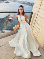 NumberSea - A - Line/Princess Satin Ruffles Scoop Sleeveless Sweep/Brush Train Wedding Dresses