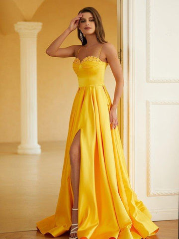 NumberSea - A - Line/Princess Satin Ruffles Spaghetti Straps Sleeveless Floor - Length Dresses