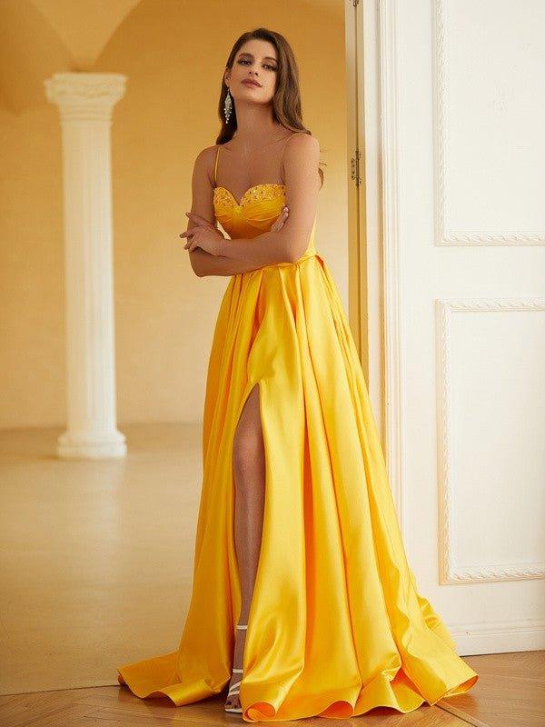 NumberSea - A - Line/Princess Satin Ruffles Spaghetti Straps Sleeveless Floor - Length Dresses