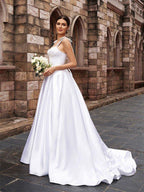 NumberSea - A - Line/Princess Satin Ruffles Straps Sleeveless Sweep/Brush Train Wedding Dresses