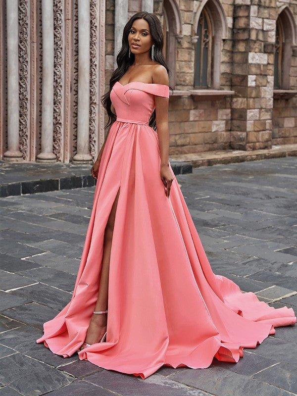 NumberSea - A - Line/Princess Satin Sleeveless Ruffles Off - the - Shoulder Court Train Dresses