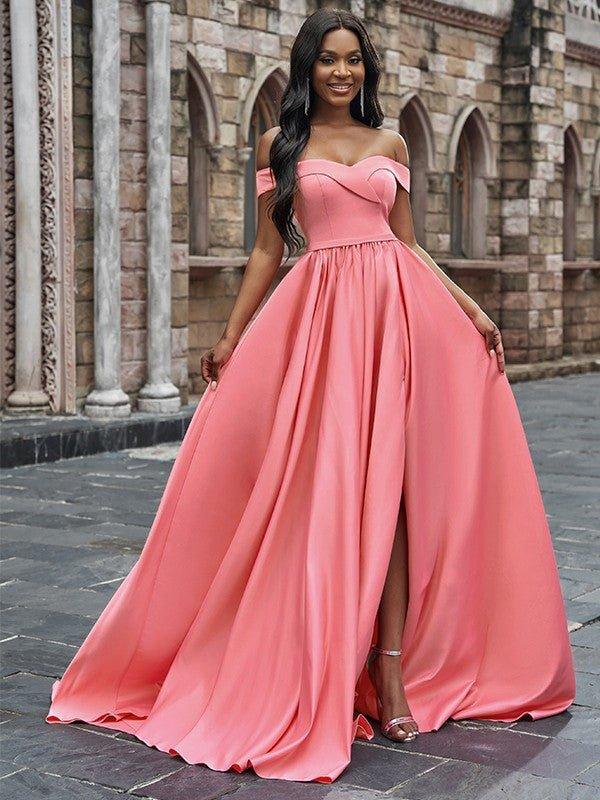 NumberSea - A - Line/Princess Satin Sleeveless Ruffles Off - the - Shoulder Court Train Dresses