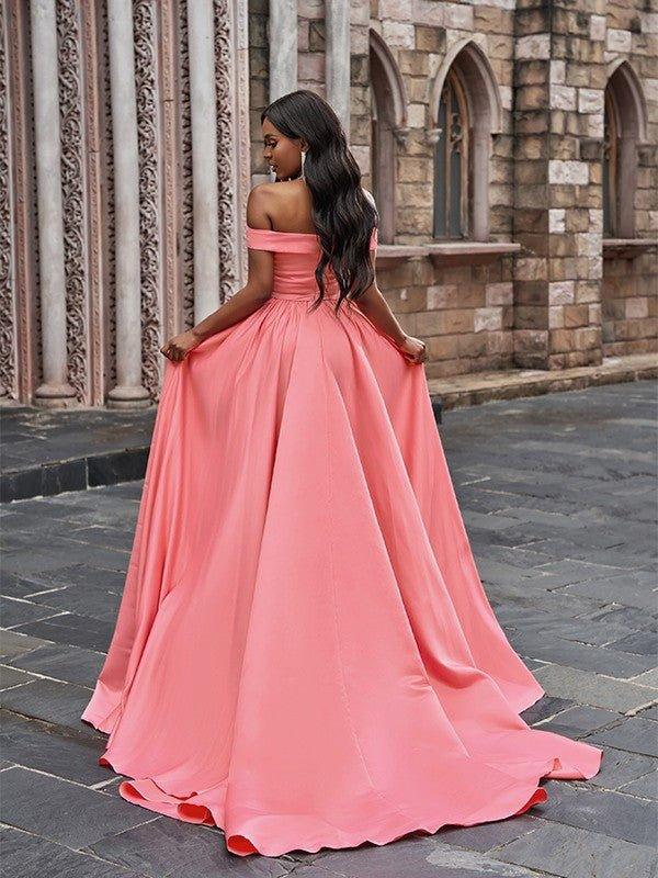 NumberSea - A - Line/Princess Satin Sleeveless Ruffles Off - the - Shoulder Court Train Dresses
