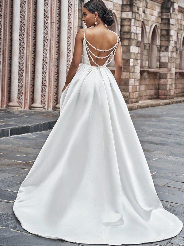 NumberSea - A - Line/Princess Satin Spaghetti Straps Ruffles Sleeveless Sweep/Brush Train Wedding Dresses