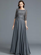 NumberSea - A - Line/Princess Scoop 1/2 Sleeves Chiffon Floor - Length Mother of the Bride Dresses