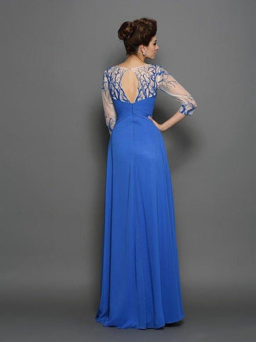 NumberSea - A - Line/Princess Scoop Applique 1/2 Sleeves Long Chiffon Dresses