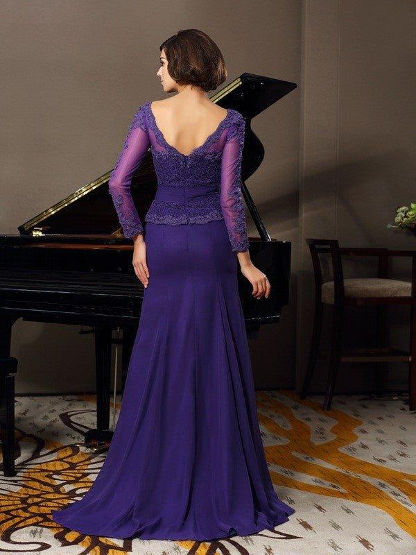 NumberSea - A - Line/Princess Scoop Applique 3/4 Sleeves Long Chiffon Mother of the Bride Dresses