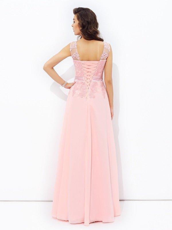 NumberSea - A - line/Princess Scoop Applique Sleeveless Long Chiffon Dresses