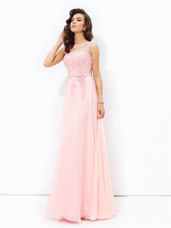 NumberSea - A - line/Princess Scoop Applique Sleeveless Long Chiffon Dresses