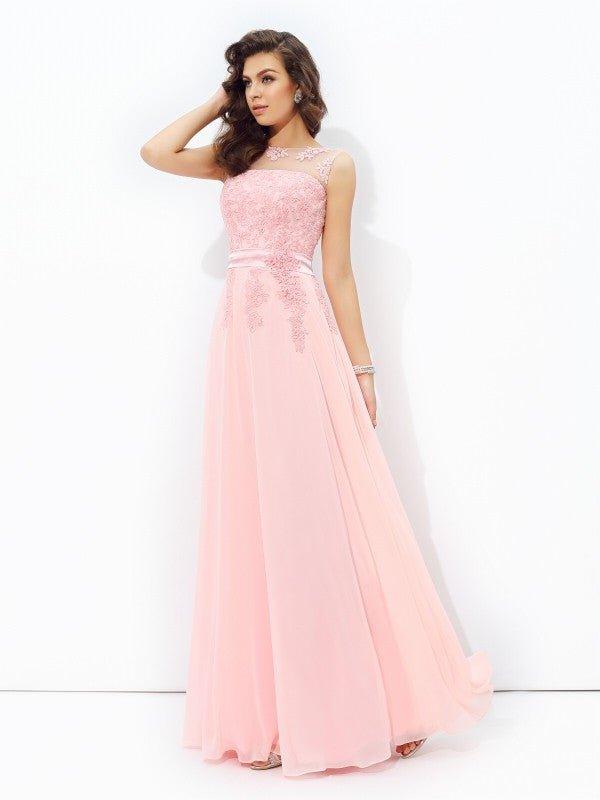 NumberSea - A - line/Princess Scoop Applique Sleeveless Long Chiffon Dresses