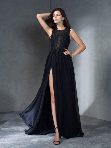 NumberSea - A - Line/Princess Scoop Applique Sleeveless Long Chiffon Dresses