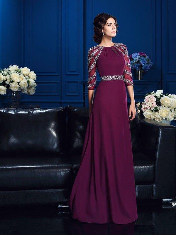 NumberSea - A - Line/Princess Scoop Beading 3/4 Sleeves Long Chiffon Mother of the Bride Dresses