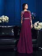 NumberSea - A - Line/Princess Scoop Beading 3/4 Sleeves Long Chiffon Mother of the Bride Dresses