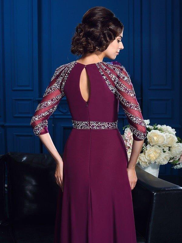 NumberSea - A - Line/Princess Scoop Beading 3/4 Sleeves Long Chiffon Mother of the Bride Dresses