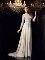 NumberSea - A - Line/Princess Scoop Beading Long Sleeves Long Chiffon Dresses