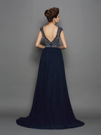 NumberSea - A - Line/Princess Scoop Beading Short Sleeves Long Chiffon Dresses