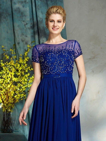NumberSea - A - Line/Princess Scoop Beading Short Sleeves Long Chiffon Mother of the Bride Dresses