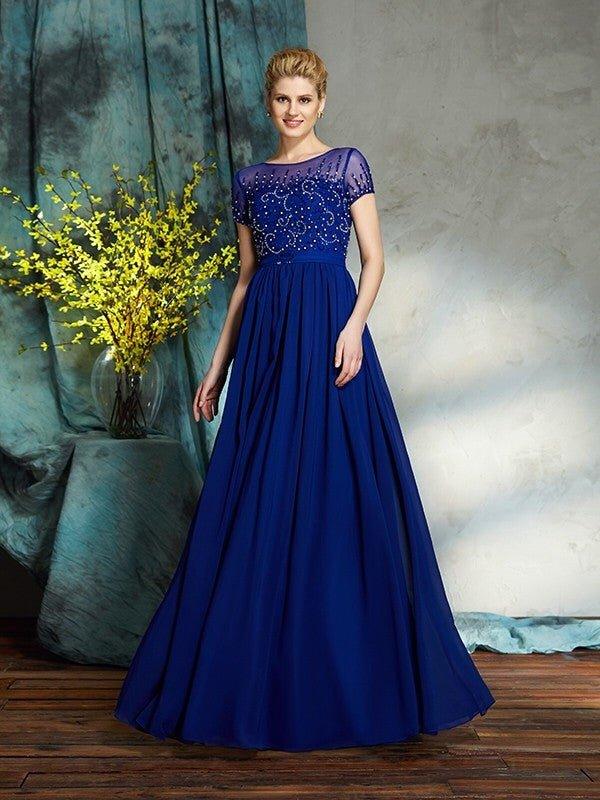 NumberSea - A - Line/Princess Scoop Beading Short Sleeves Long Chiffon Mother of the Bride Dresses