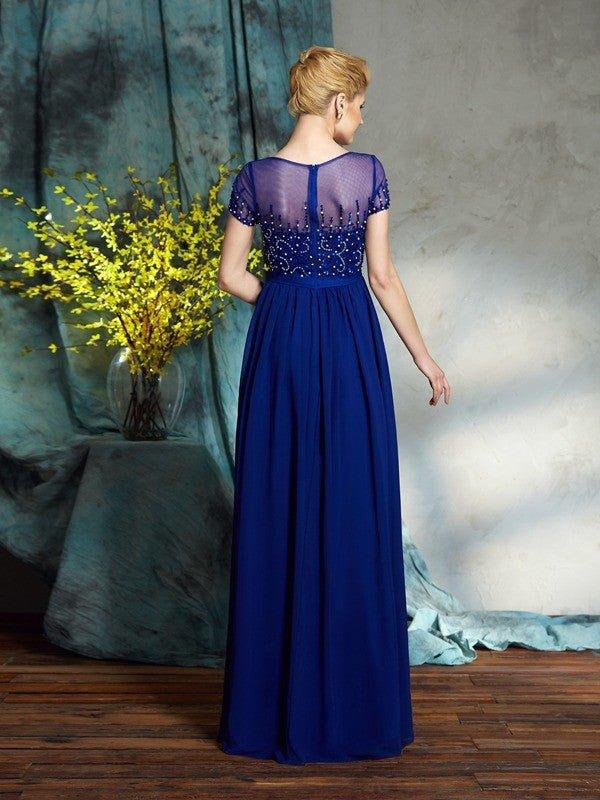 NumberSea - A - Line/Princess Scoop Beading Short Sleeves Long Chiffon Mother of the Bride Dresses