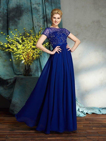 NumberSea - A - Line/Princess Scoop Beading Short Sleeves Long Chiffon Mother of the Bride Dresses