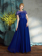 NumberSea - A - Line/Princess Scoop Beading Short Sleeves Long Chiffon Mother of the Bride Dresses