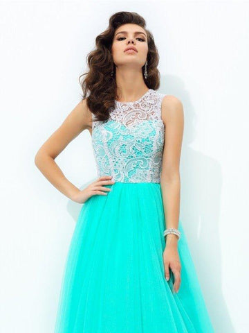 NumberSea - A - line/Princess Scoop Lace Sleeveless Long Net Dresses