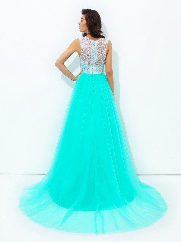 NumberSea - A - line/Princess Scoop Lace Sleeveless Long Net Dresses