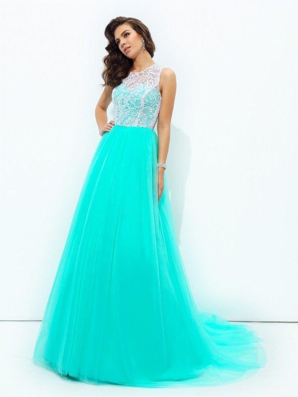 NumberSea - A - line/Princess Scoop Lace Sleeveless Long Net Dresses