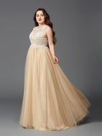 NumberSea - A - Line/Princess Scoop Rhinestone Sleeveless Long Net Plus Size Dresses
