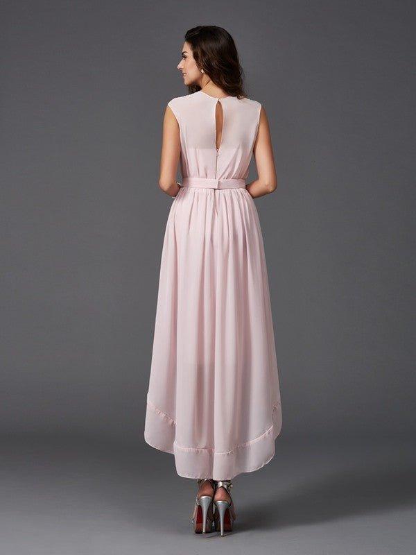 NumberSea - A - Line/Princess Scoop Sash/Ribbon/Belt Sleeveless High Low Chiffon Bridesmaid Dresses