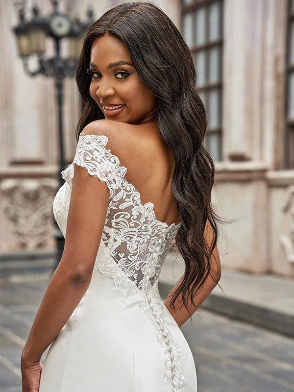 NumberSea - A - Line/Princess Scoop Satin Lace Sleeveless Chapel Train Wedding Dresses
