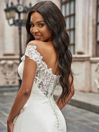 NumberSea - A - Line/Princess Scoop Satin Lace Sleeveless Chapel Train Wedding Dresses