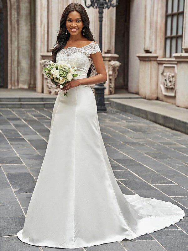 NumberSea - A - Line/Princess Scoop Satin Lace Sleeveless Chapel Train Wedding Dresses