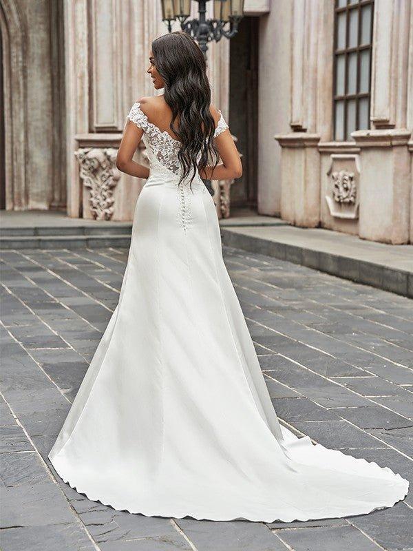 NumberSea - A - Line/Princess Scoop Satin Lace Sleeveless Chapel Train Wedding Dresses