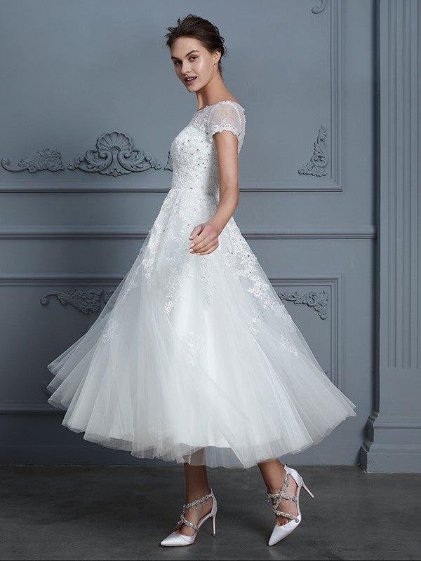 NumberSea - A - Line/Princess Scoop Short Sleeves Tea - Length Beading Tulle Wedding Dresses