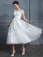 NumberSea - A - Line/Princess Scoop Short Sleeves Tea - Length Beading Tulle Wedding Dresses