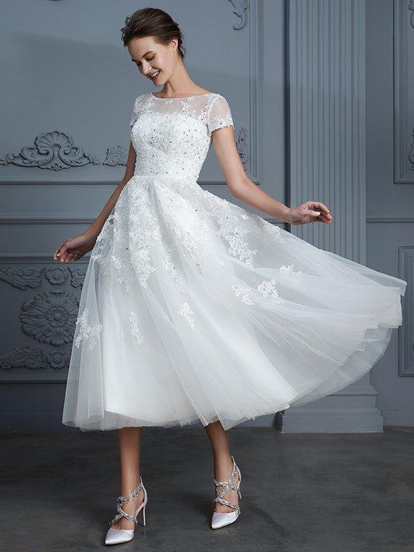 NumberSea - A - Line/Princess Scoop Short Sleeves Tea - Length Beading Tulle Wedding Dresses