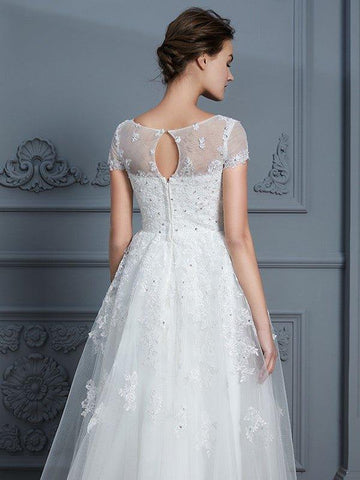 NumberSea - A - Line/Princess Scoop Short Sleeves Tea - Length Beading Tulle Wedding Dresses