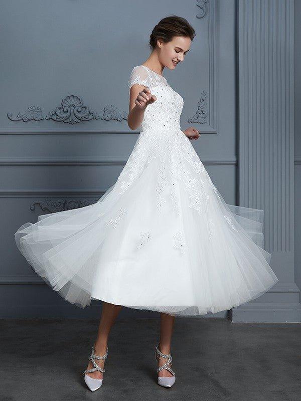 NumberSea - A - Line/Princess Scoop Short Sleeves Tea - Length Beading Tulle Wedding Dresses