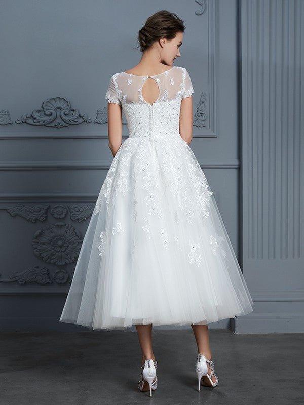 NumberSea - A - Line/Princess Scoop Short Sleeves Tea - Length Beading Tulle Wedding Dresses