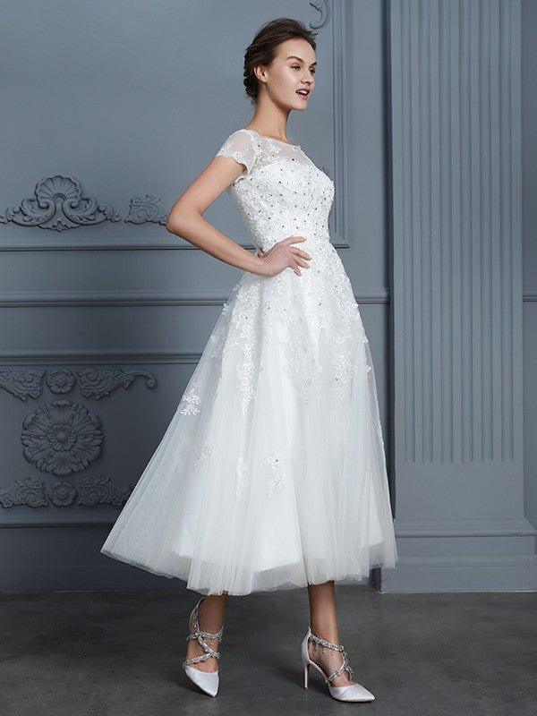 NumberSea - A - Line/Princess Scoop Short Sleeves Tea - Length Beading Tulle Wedding Dresses
