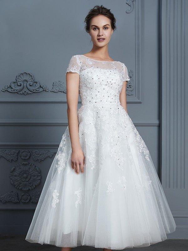 NumberSea - A - Line/Princess Scoop Short Sleeves Tea - Length Beading Tulle Wedding Dresses