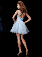 NumberSea - A - Line/Princess Scoop Sleeveless Beading Short Elastic Woven Satin Homecoming Dresses
